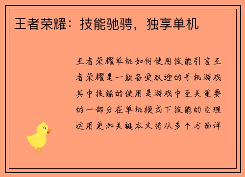 王者荣耀：技能驰骋，独享单机